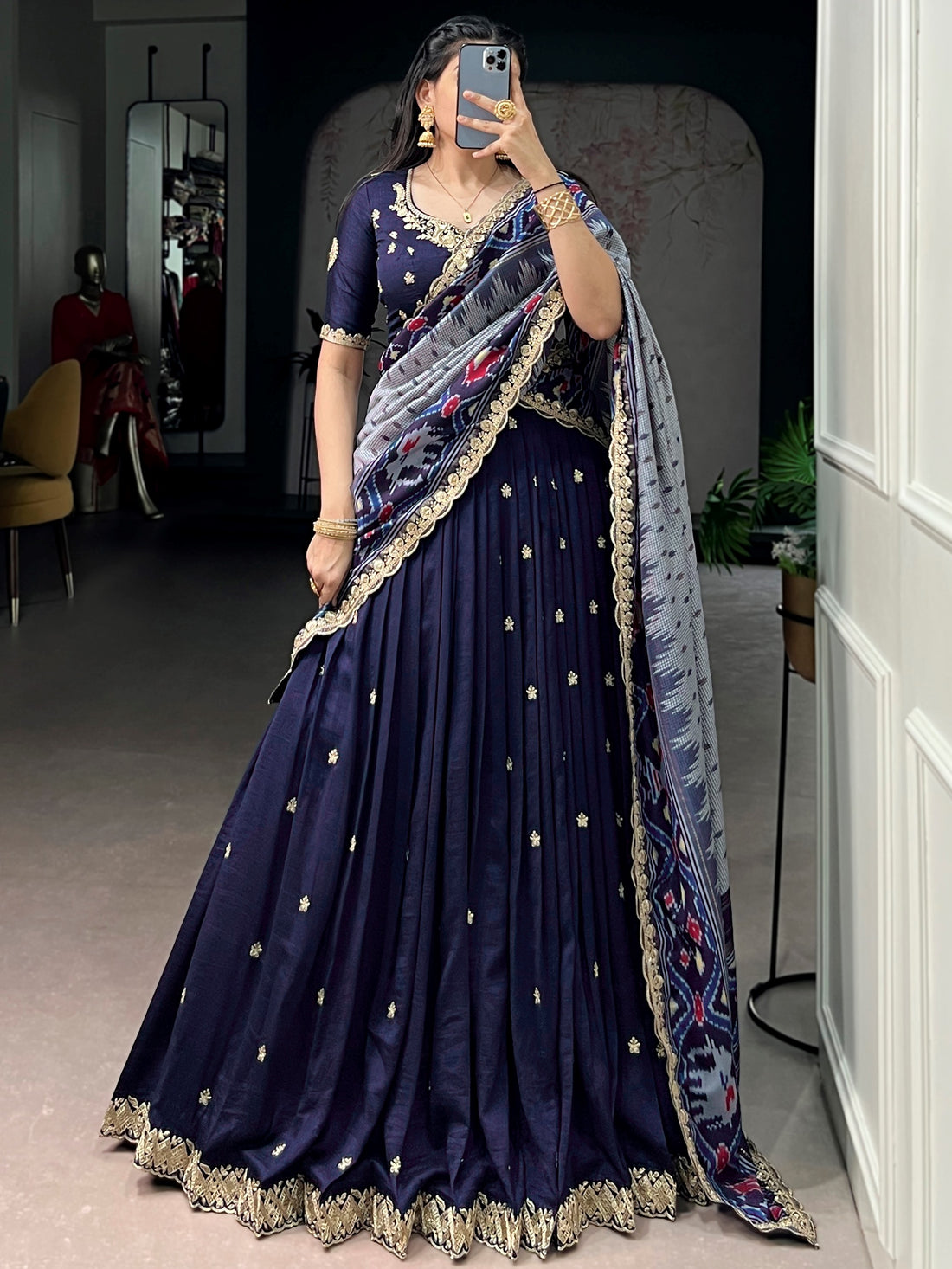 Captivating Navy Blue Threadwork Silk Function Wear Lehenga Choli