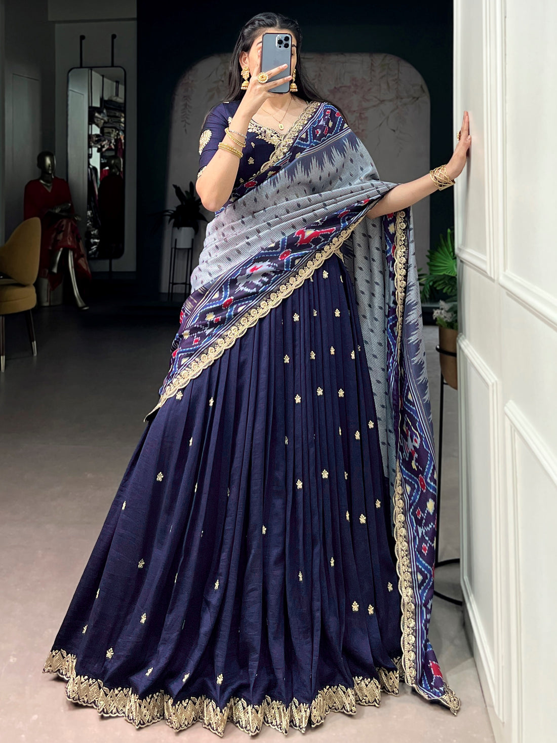 Captivating Navy Blue Threadwork Silk Function Wear Lehenga Choli