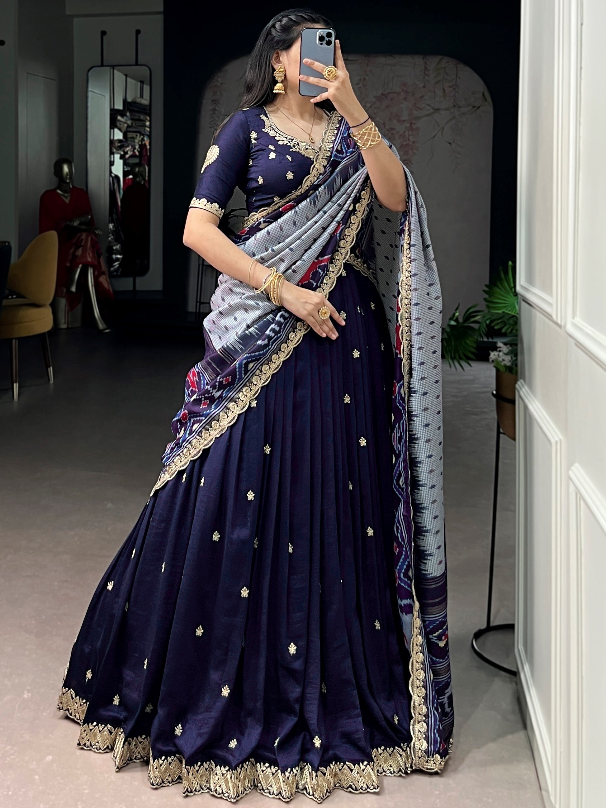 Captivating Navy Blue Threadwork Silk Function Wear Lehenga Choli