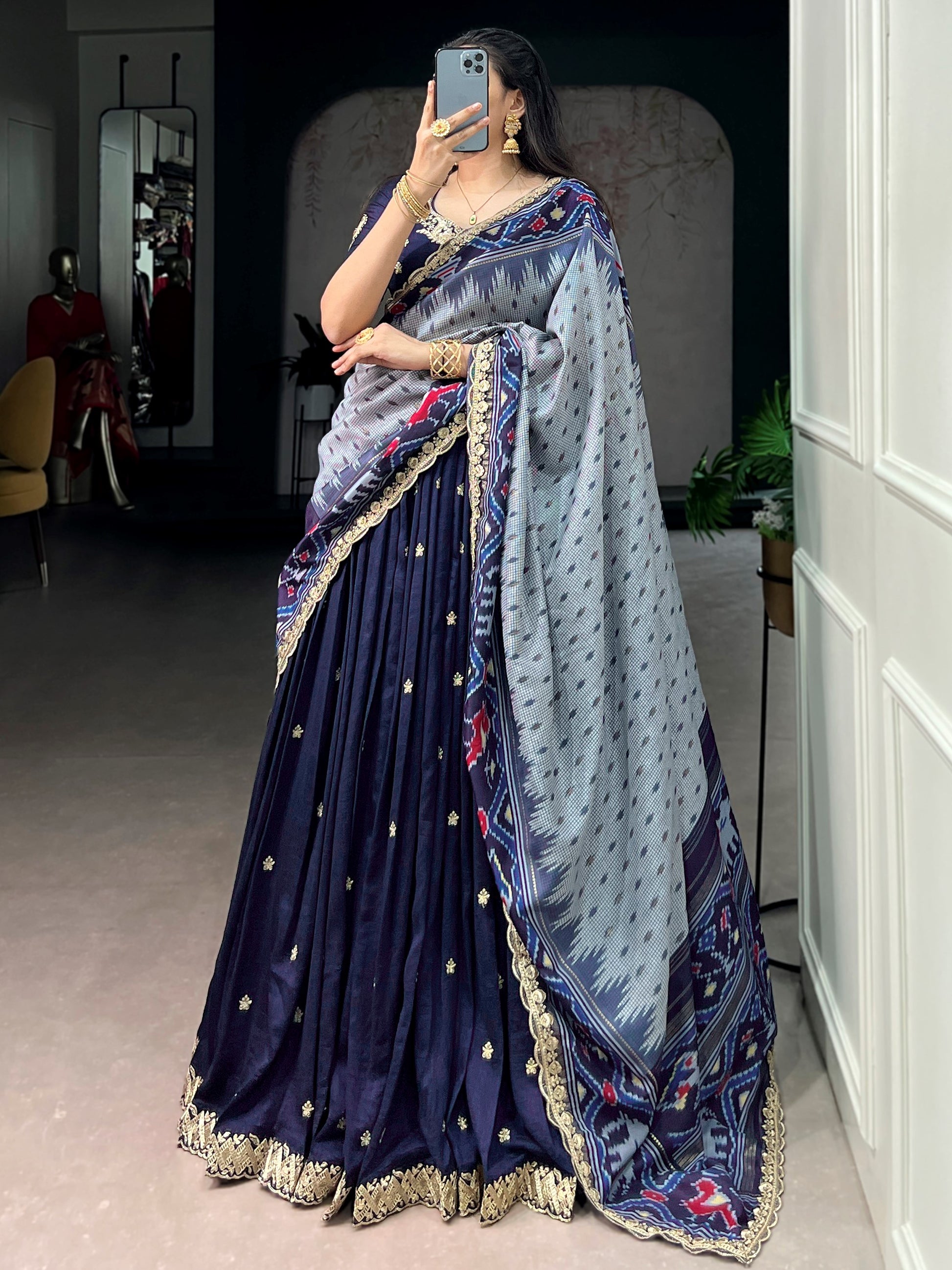 Captivating Navy Blue Threadwork Silk Function Wear Lehenga Choli