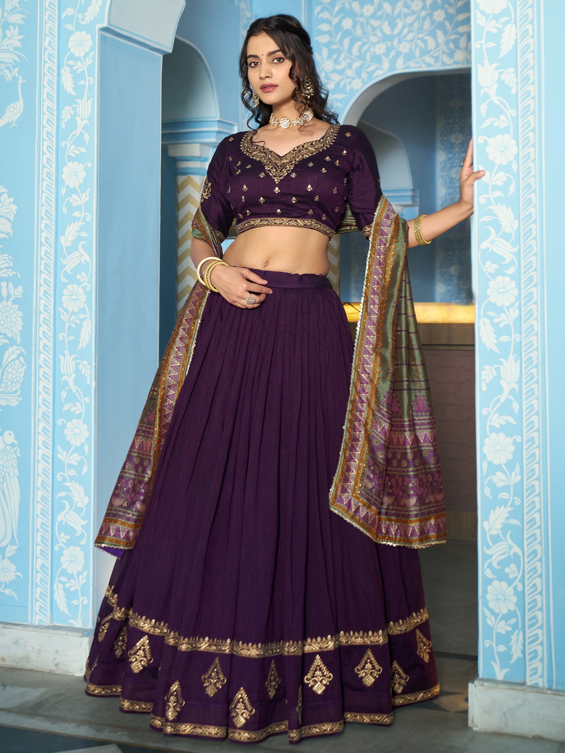 Elegant Purple Sequins Silk Wedding Wear Lehenga Choli With Dupatta