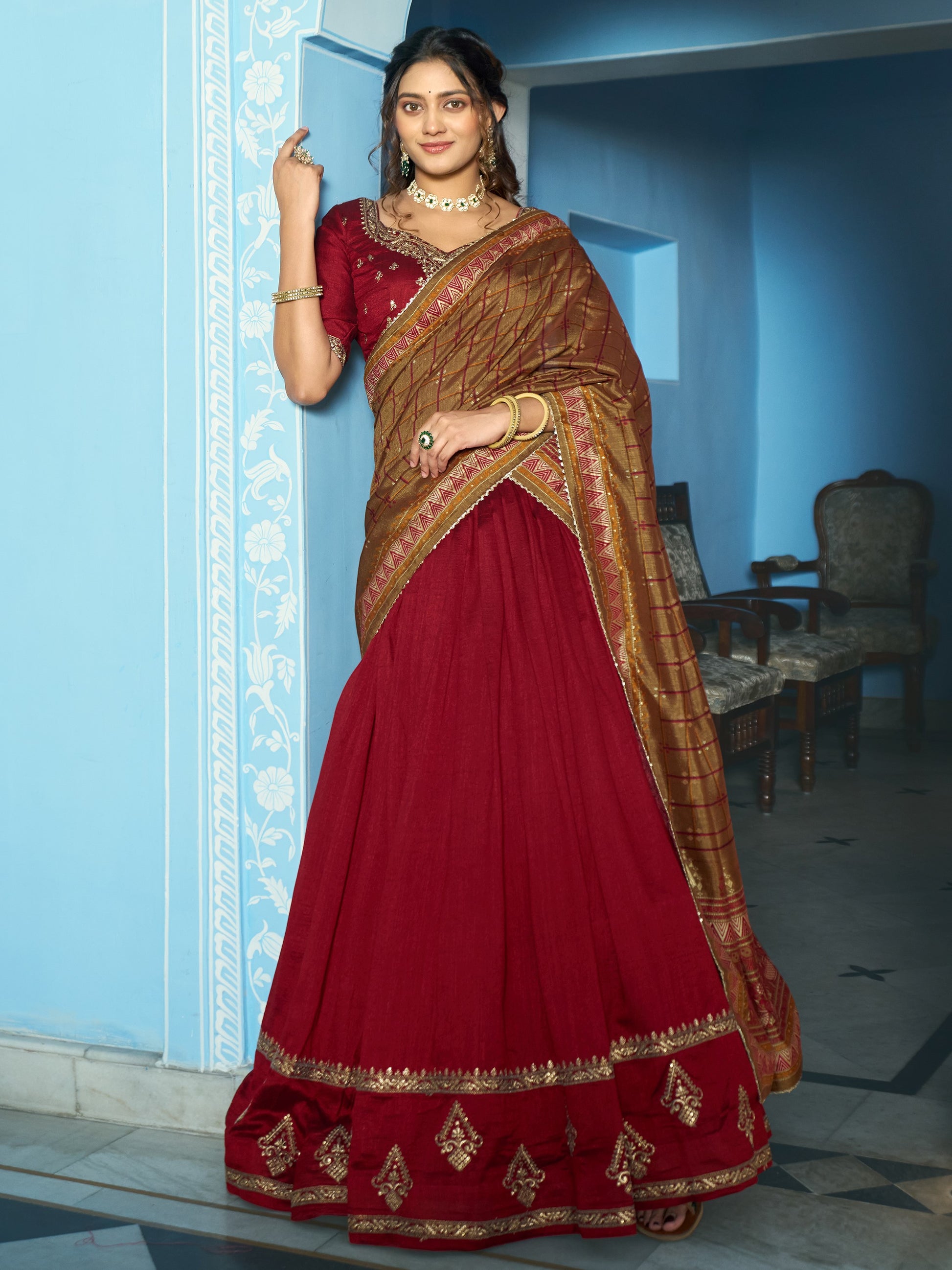 Adorable Maroon Embroidered Silk Festivals Wear Lehenga Choli With Dupatta