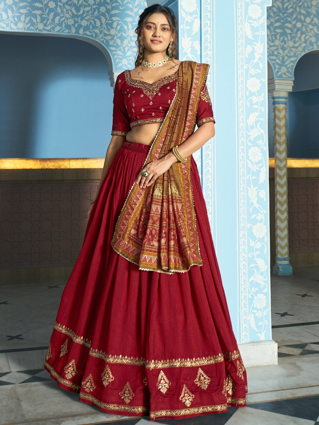 Adorable Maroon Embroidered Silk Festivals Wear Lehenga Choli With Dupatta