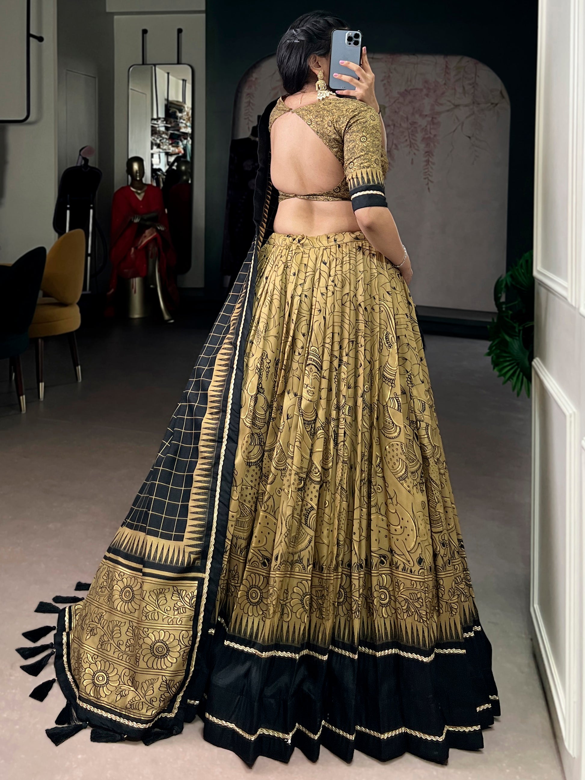 Charming Golden Kalamkari Printed Silk Traditional Half Saree Lehenga