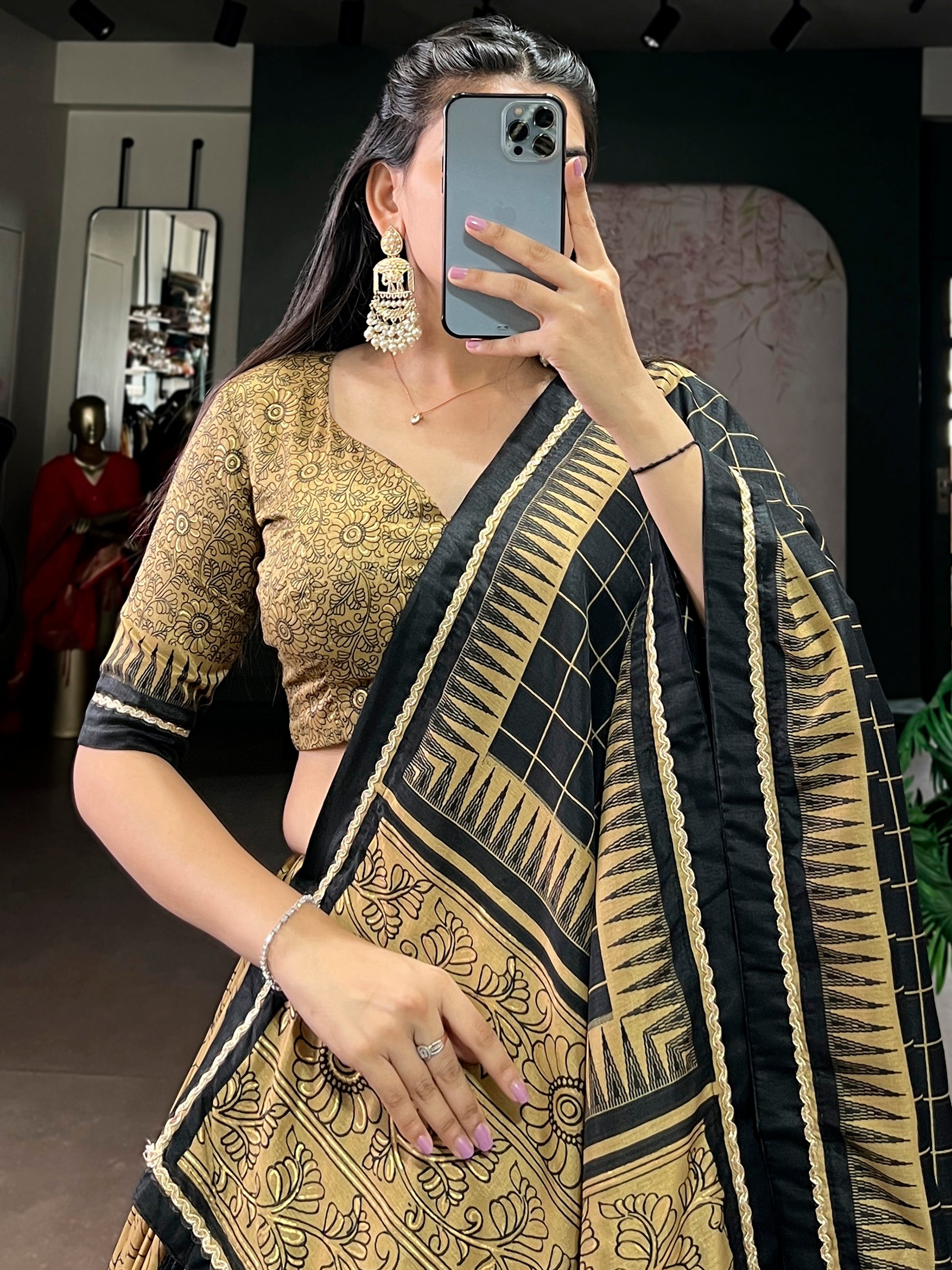 Charming Golden Kalamkari Printed Silk Traditional Half Saree Lehenga