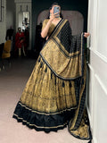Charming Golden Kalamkari Printed Silk Traditional Half Saree Lehenga