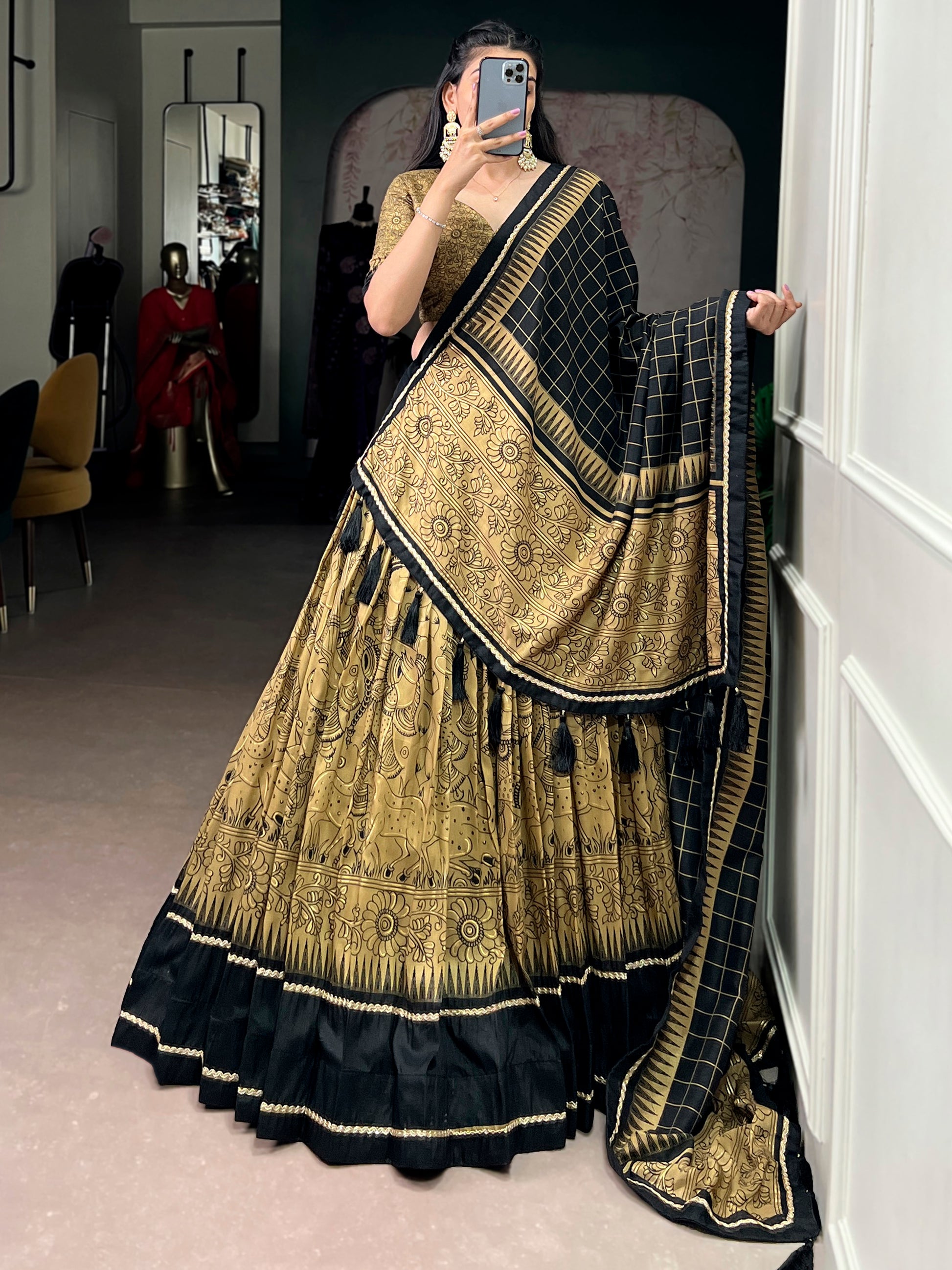 Charming Golden Kalamkari Printed Silk Traditional Half Saree Lehenga