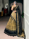 Charming Golden Kalamkari Printed Silk Traditional Half Saree Lehenga
