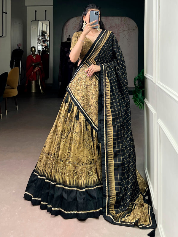 Charming Golden Kalamkari Printed Silk Traditional Half Saree Lehenga