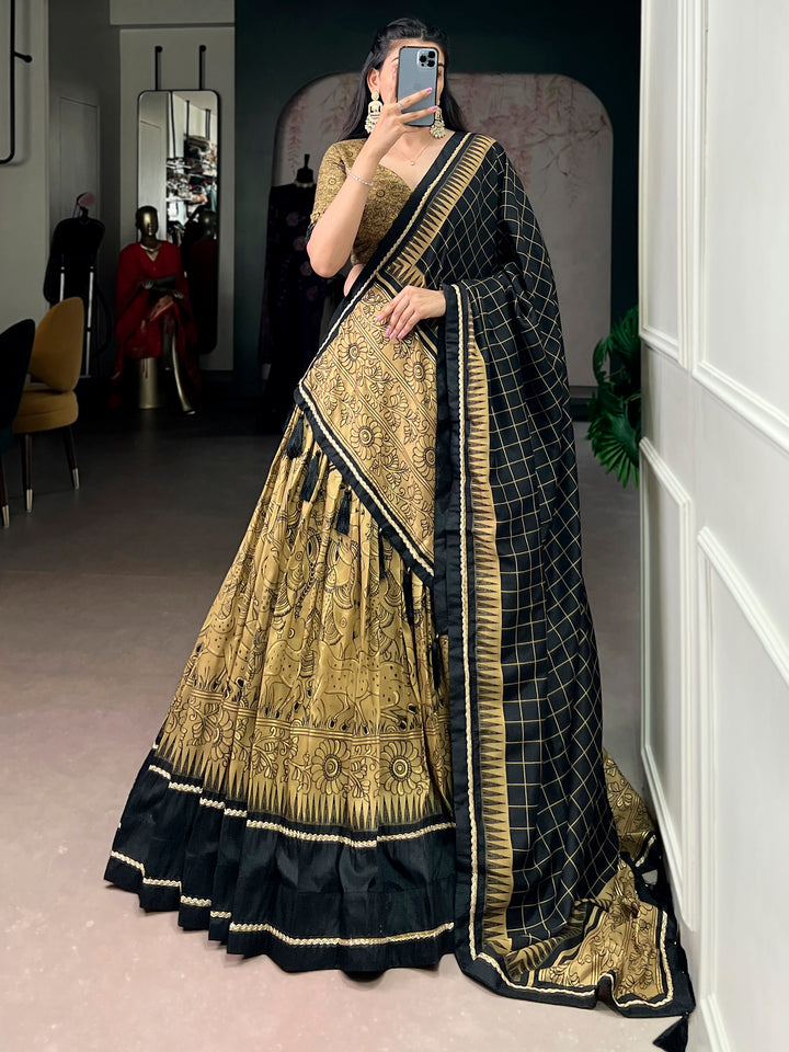 Charming Golden Kalamkari Printed Silk Traditional Half Saree Lehenga