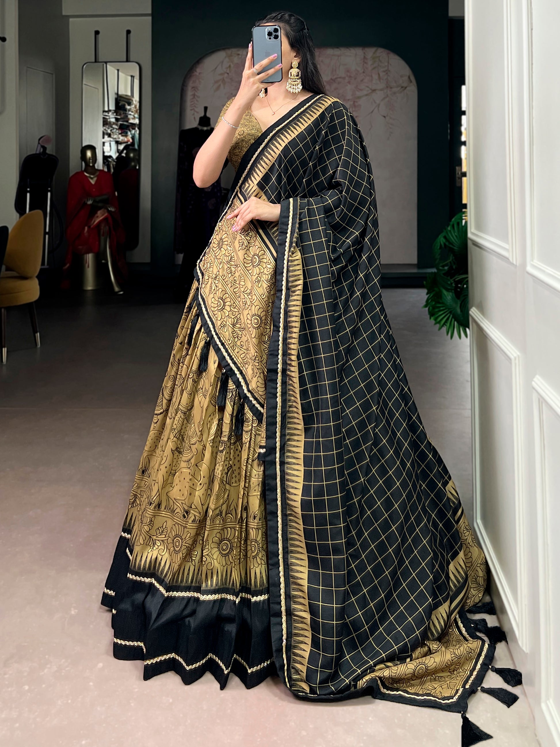 Charming Golden Kalamkari Printed Silk Traditional Half Saree Lehenga
