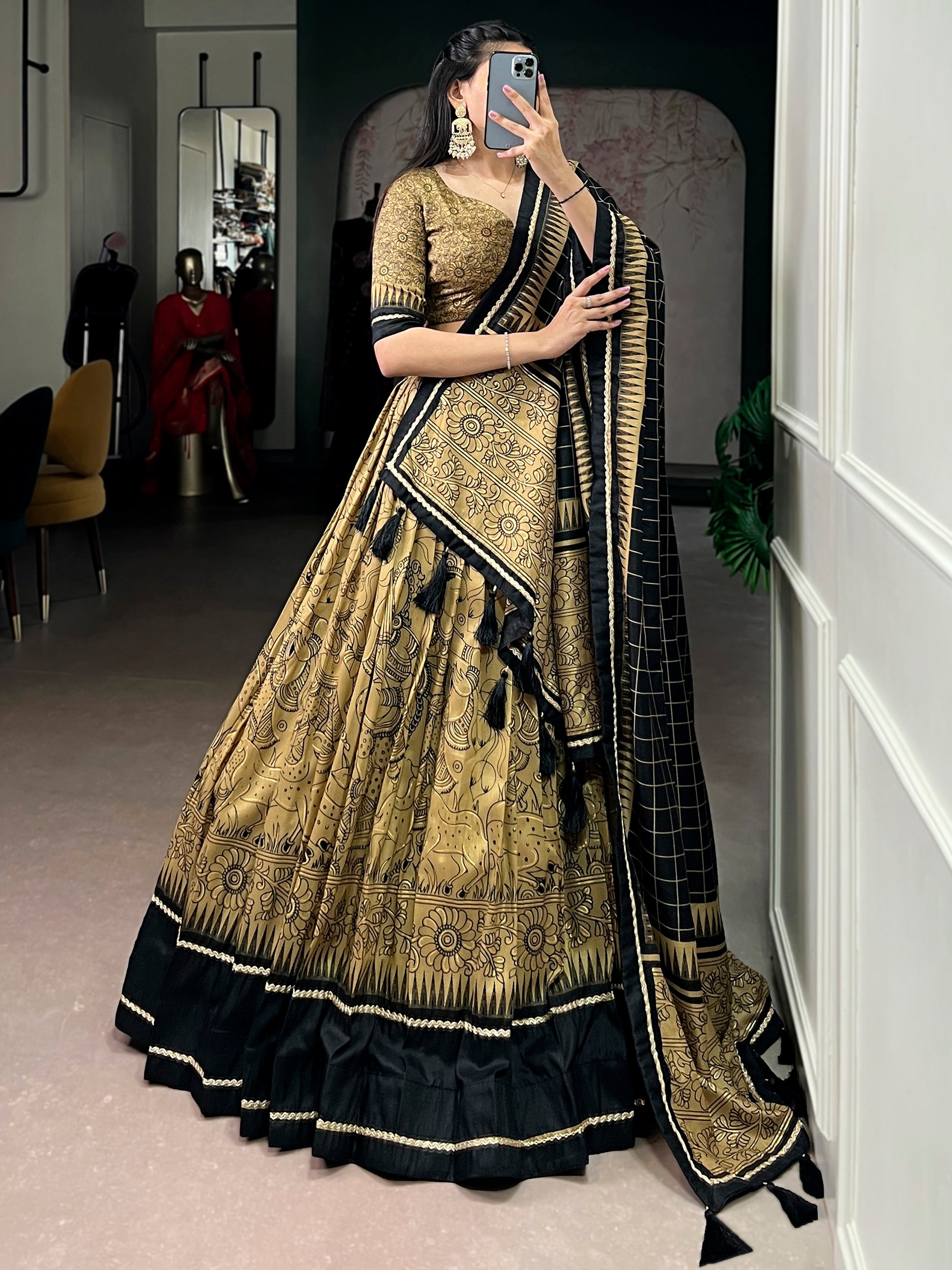 Charming Golden Kalamkari Printed Silk Traditional Half Saree Lehenga
