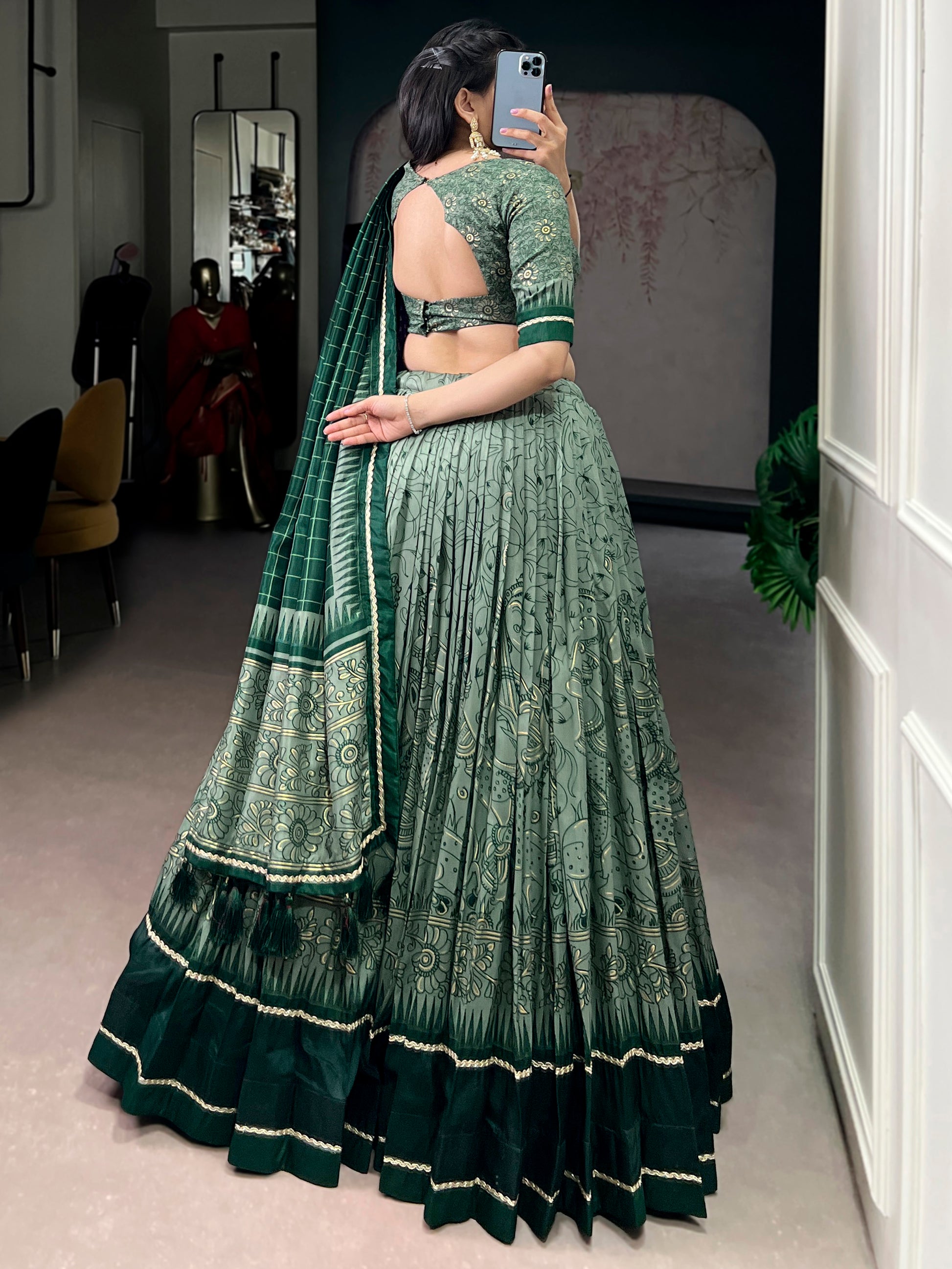 Lavish Green Kalamkari Printed Silk Traditional Half Saree Lehenga