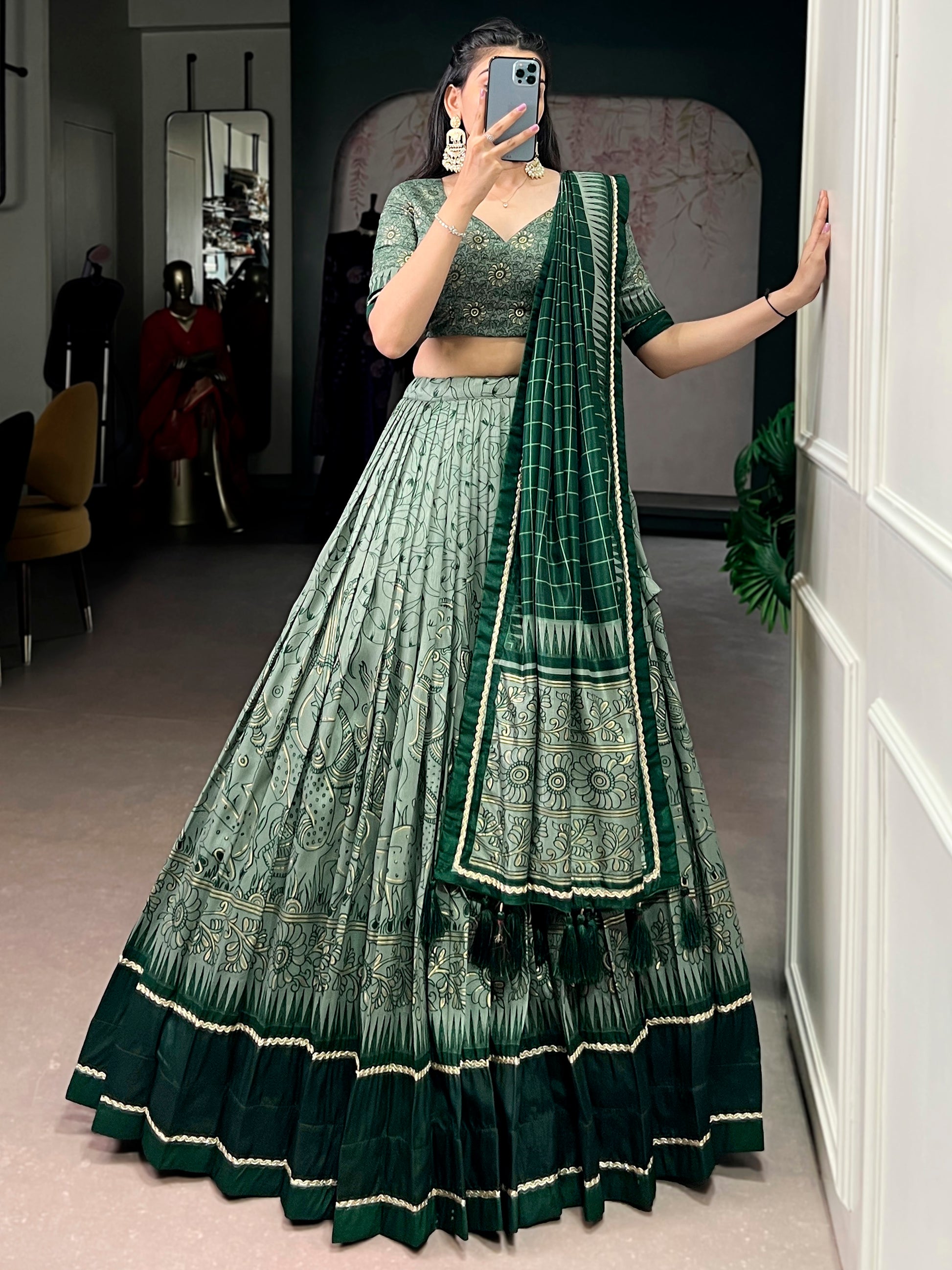 Lavish Green Kalamkari Printed Silk Traditional Half Saree Lehenga