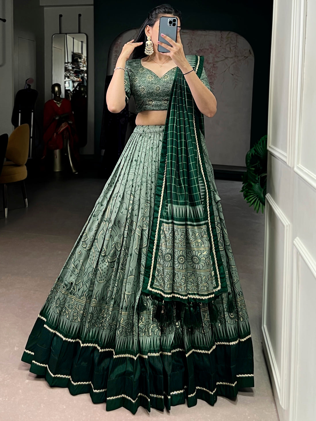 Lavish Green Kalamkari Printed Silk Traditional Half Saree Lehenga