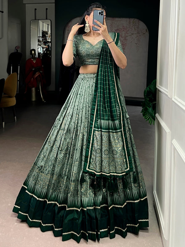 Lavish Green Kalamkari Printed Silk Traditional Half Saree Lehenga