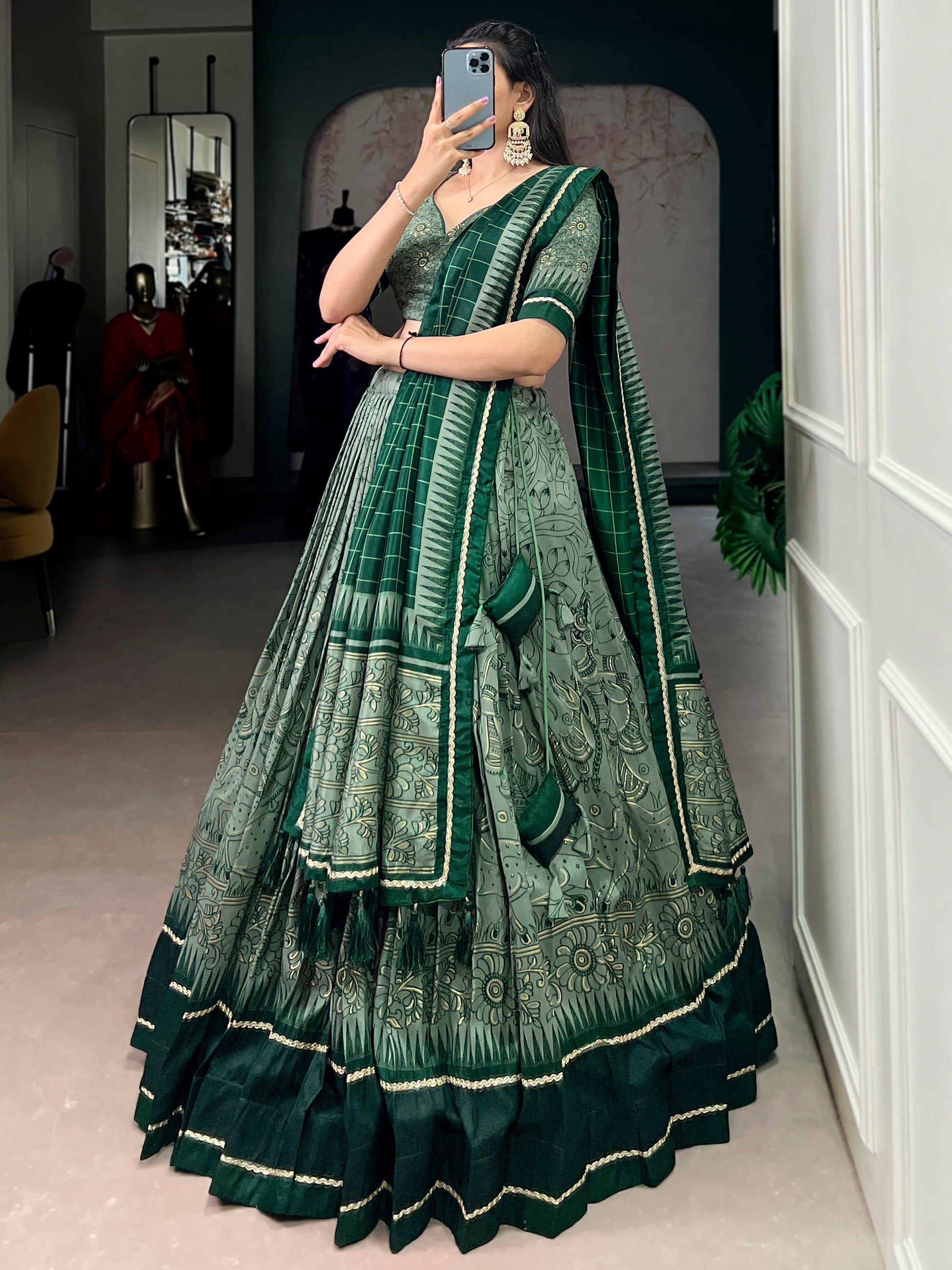 Lavish Green Kalamkari Printed Silk Traditional Half Saree Lehenga