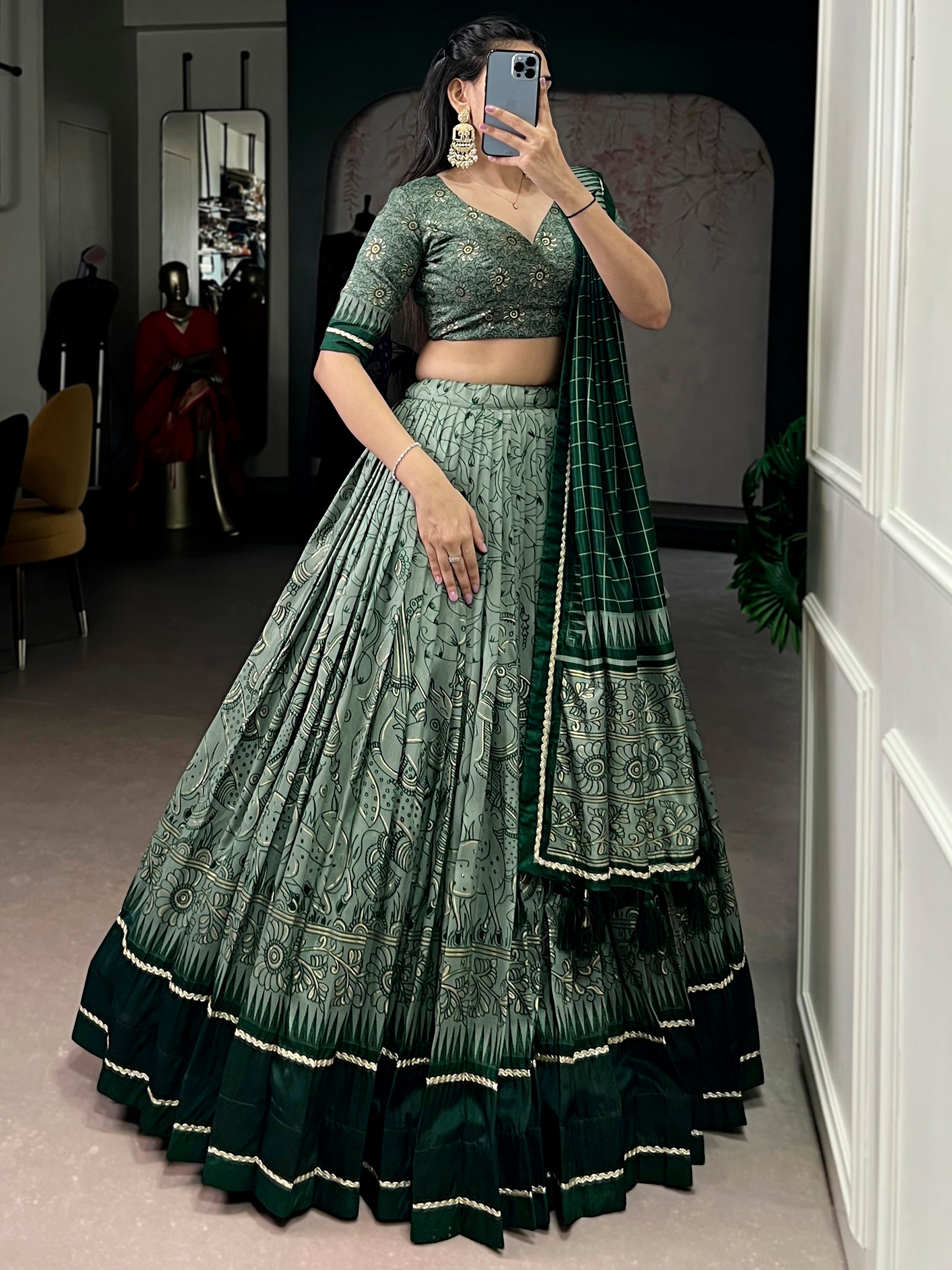 Lavish Green Kalamkari Printed Silk Traditional Half Saree Lehenga