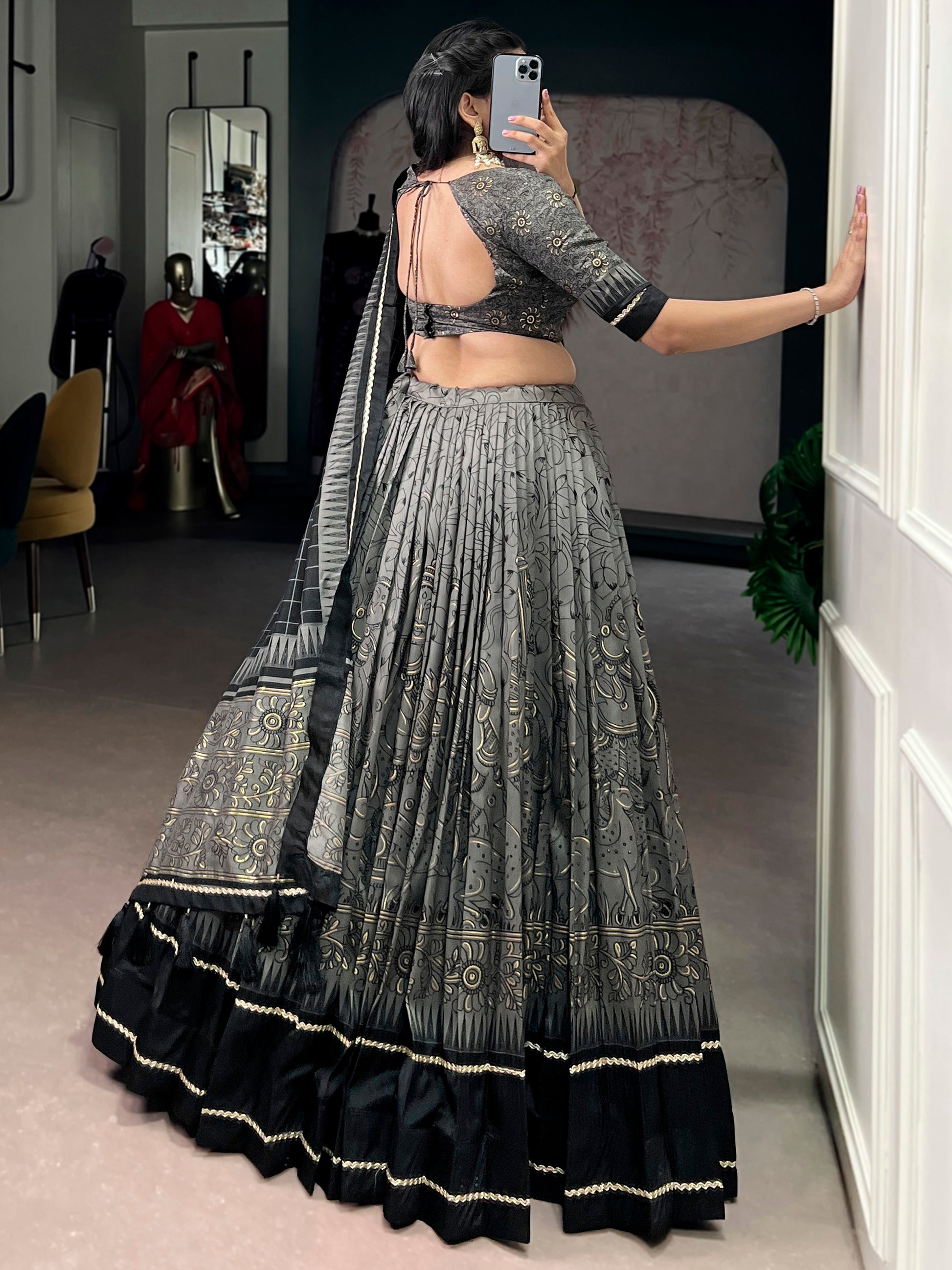 Sparkling Grey Kalamkari Printed Silk Festival Wear Half Saree Lehenga