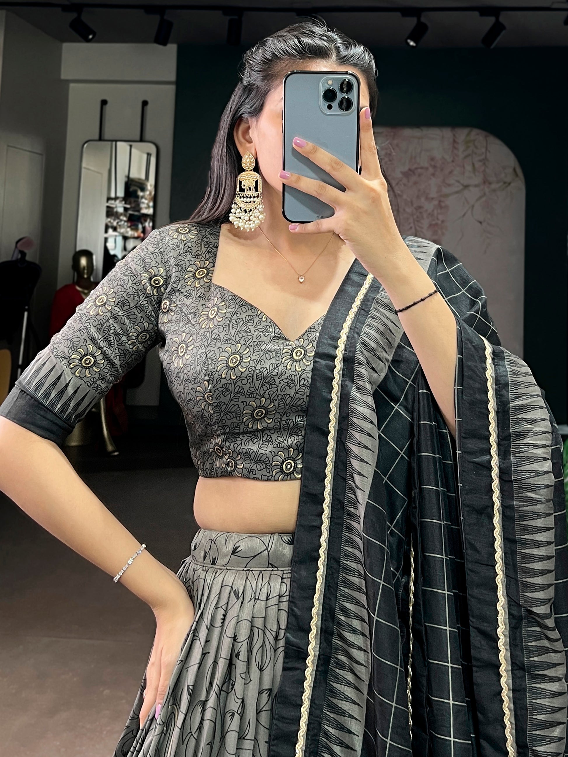Sparkling Grey Kalamkari Printed Silk Festival Wear Half Saree Lehenga