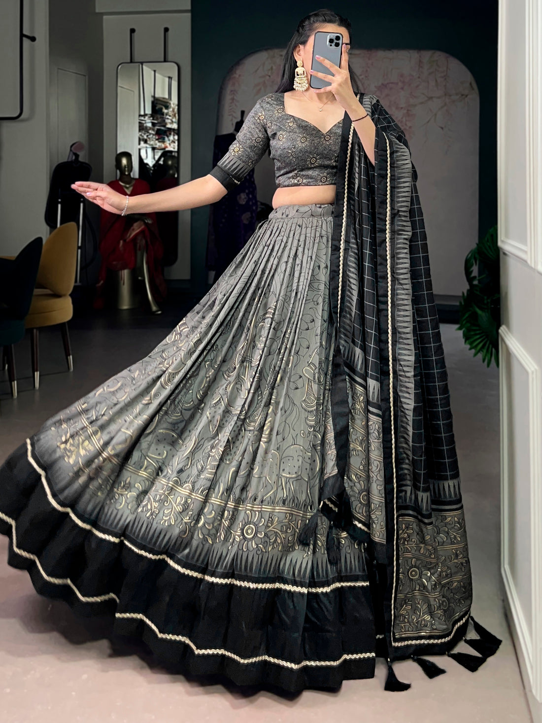 Sparkling Grey Kalamkari Printed Silk Festival Wear Half Saree Lehenga
