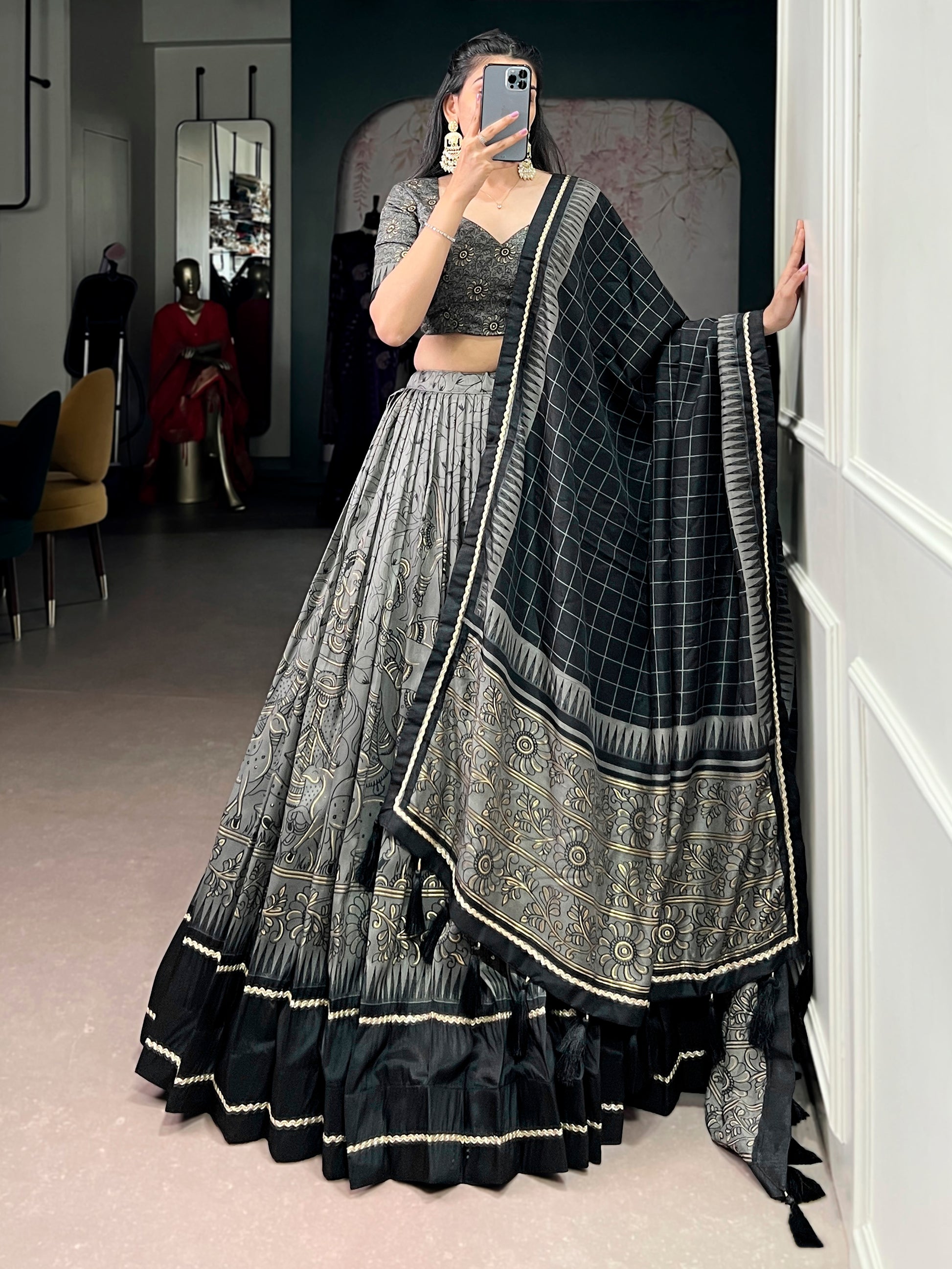 Sparkling Grey Kalamkari Printed Silk Festival Wear Half Saree Lehenga