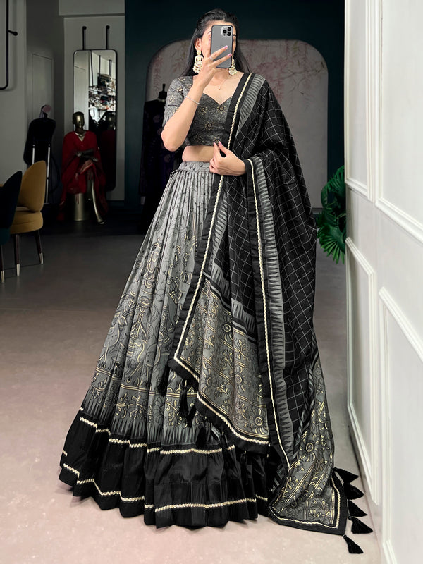 Sparkling Grey Kalamkari Printed Silk Festival Wear Half Saree Lehenga