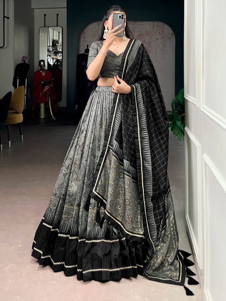 Sparkling Grey Kalamkari Printed Silk Festival Wear Half Saree Lehenga