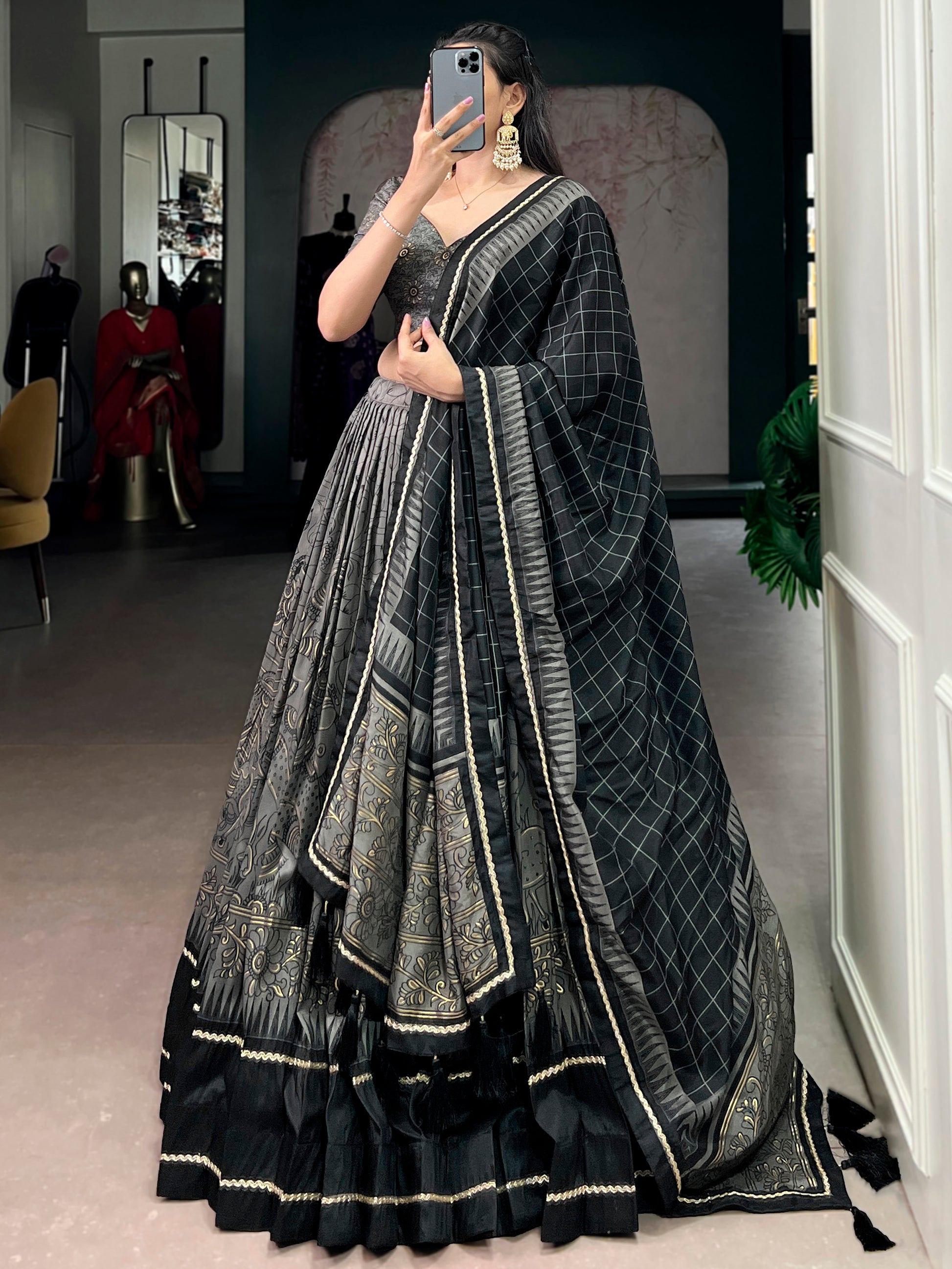 Sparkling Grey Kalamkari Printed Silk Festival Wear Half Saree Lehenga