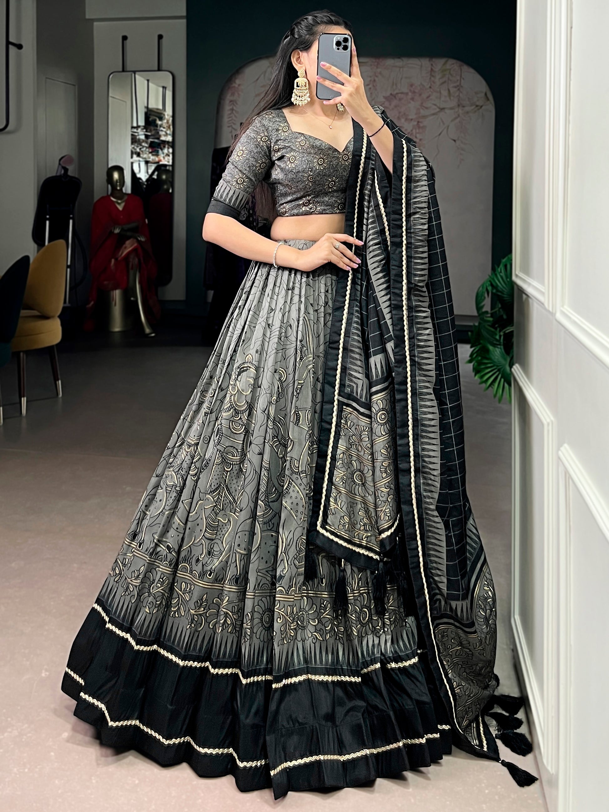 Sparkling Grey Kalamkari Printed Silk Festival Wear Half Saree Lehenga