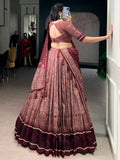 Rich Maroon Kalamkari Printed Silk Event Wear Half Saree Lehenga