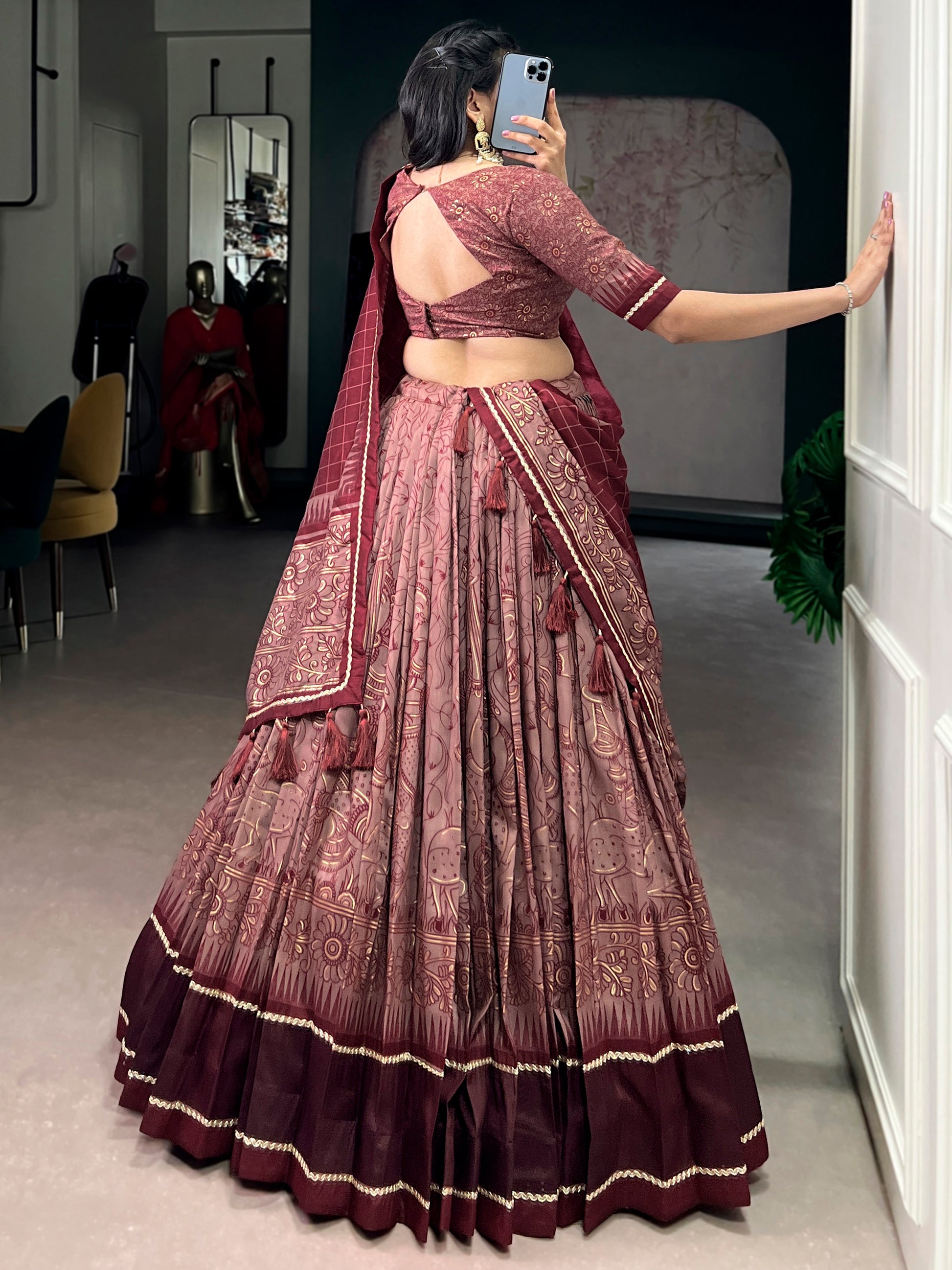 Rich Maroon Kalamkari Printed Silk Event Wear Half Saree Lehenga