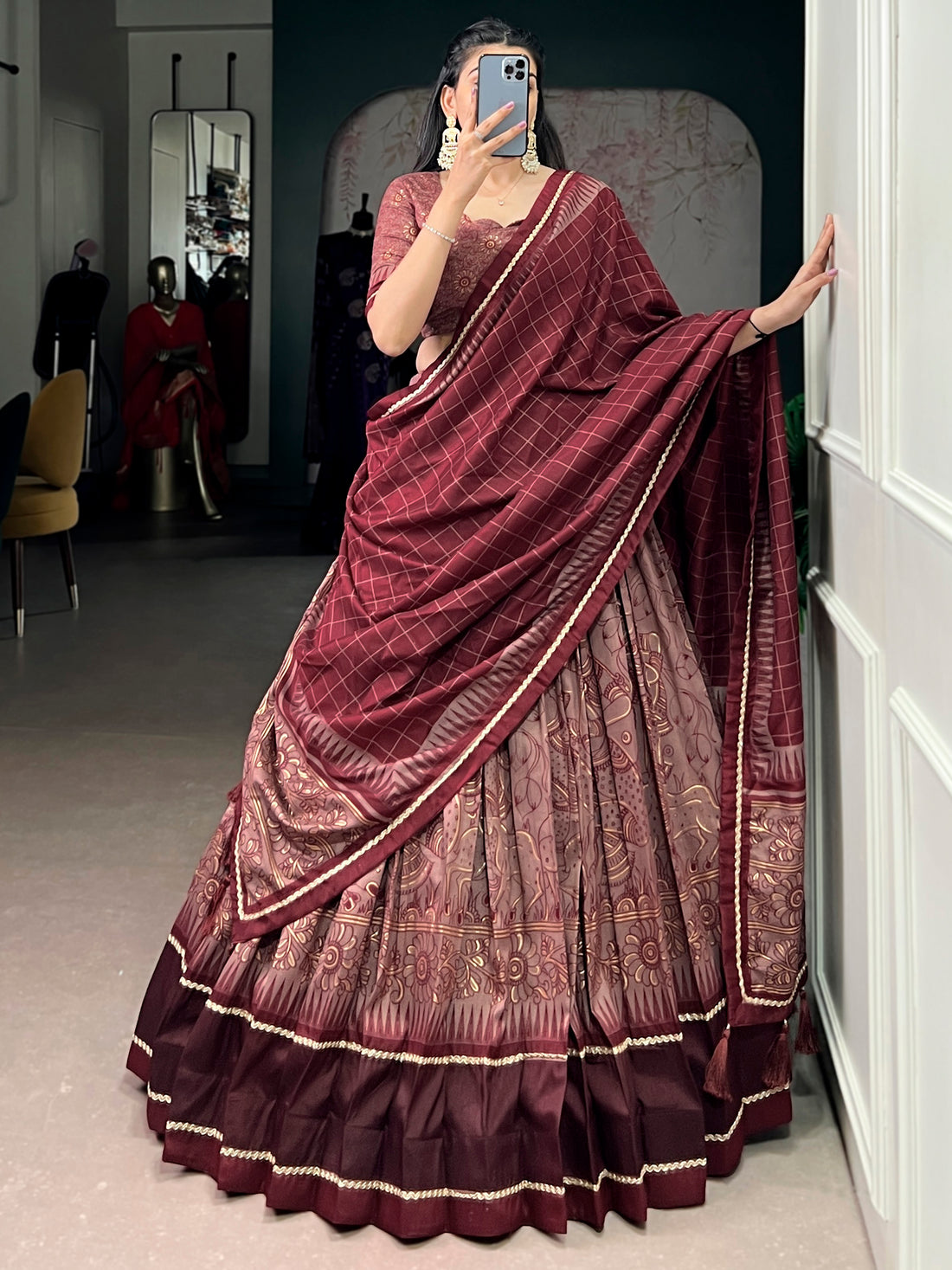 Rich Maroon Kalamkari Printed Silk Event Wear Half Saree Lehenga