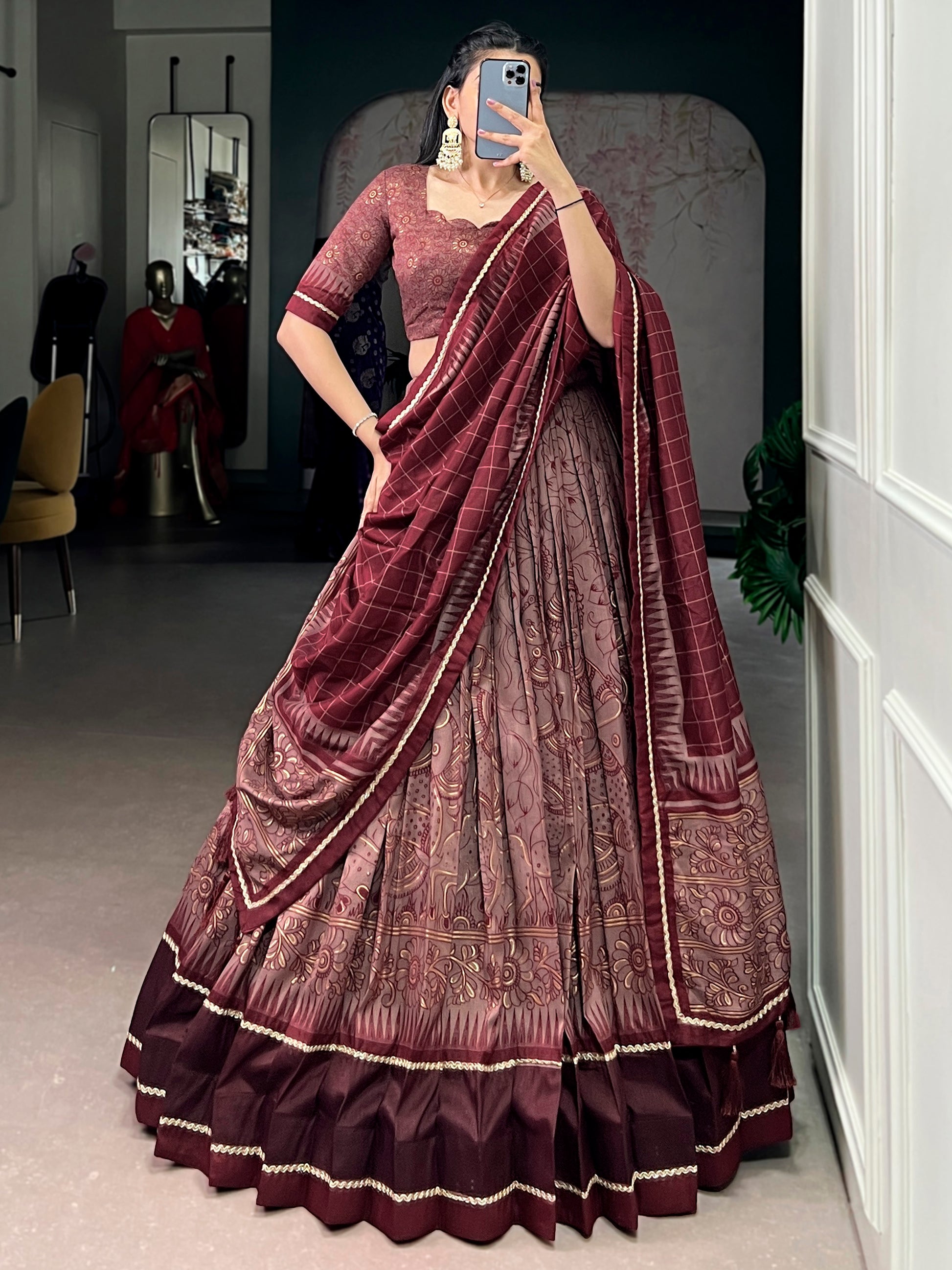Rich Maroon Kalamkari Printed Silk Event Wear Half Saree Lehenga