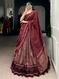 Rich Maroon Kalamkari Printed Silk Event Wear Half Saree Lehenga