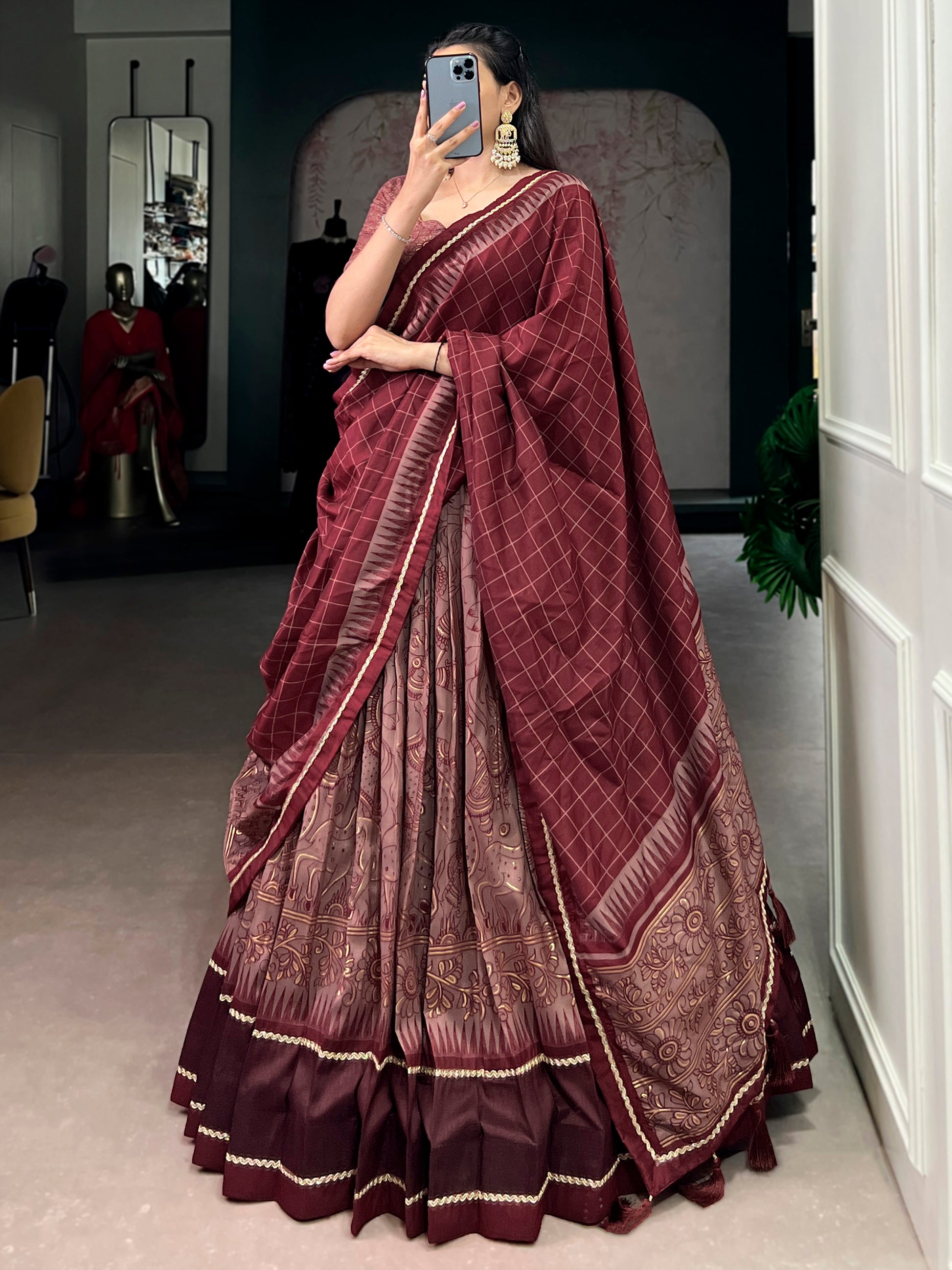 Rich Maroon Kalamkari Printed Silk Event Wear Half Saree Lehenga