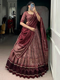 Rich Maroon Kalamkari Printed Silk Event Wear Half Saree Lehenga