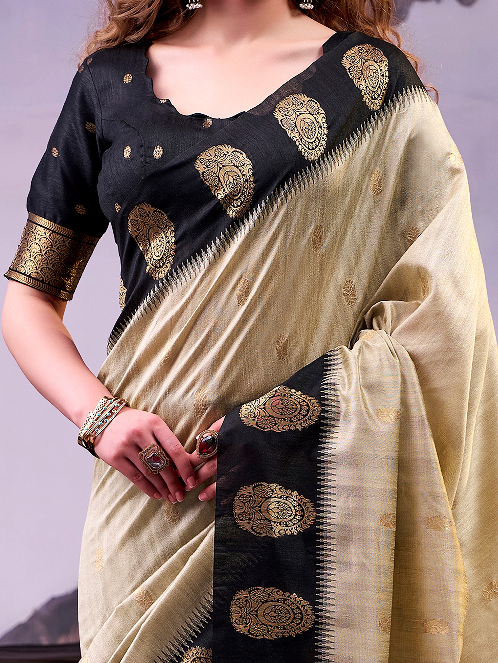 Wonderful Beige Zari Weaving Silk Function Wear Saree With Blouse