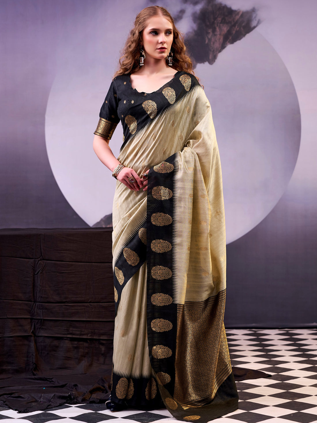 Wonderful Beige Zari Weaving Cotton Function Wear Saree With Blouse