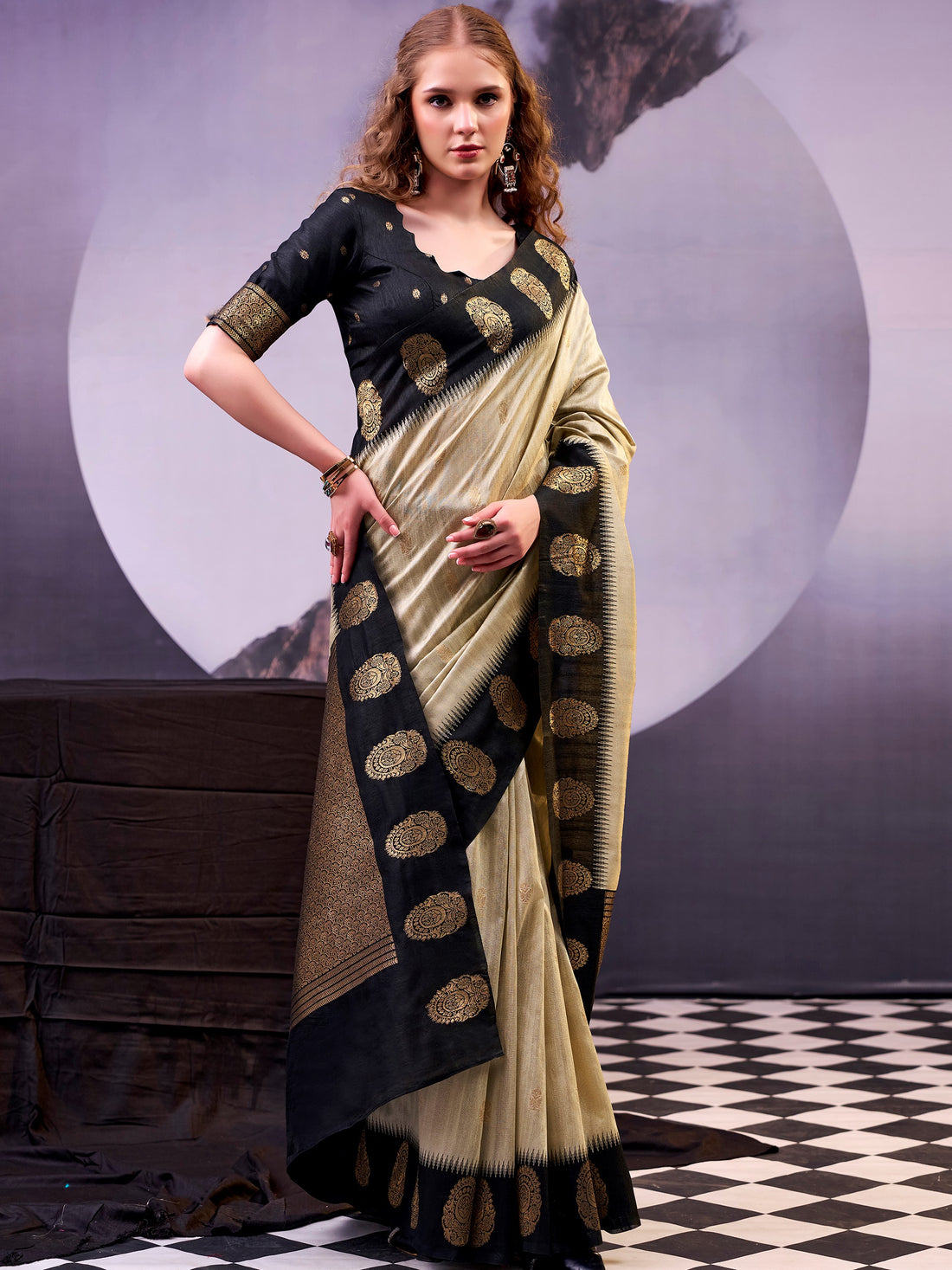 Wonderful Beige Zari Weaving Cotton Function Wear Saree With Blouse