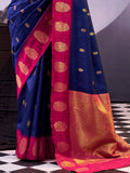 Stunning Navy Blue Zari Weaving Silk Ethnic Wear Saree With Blouse