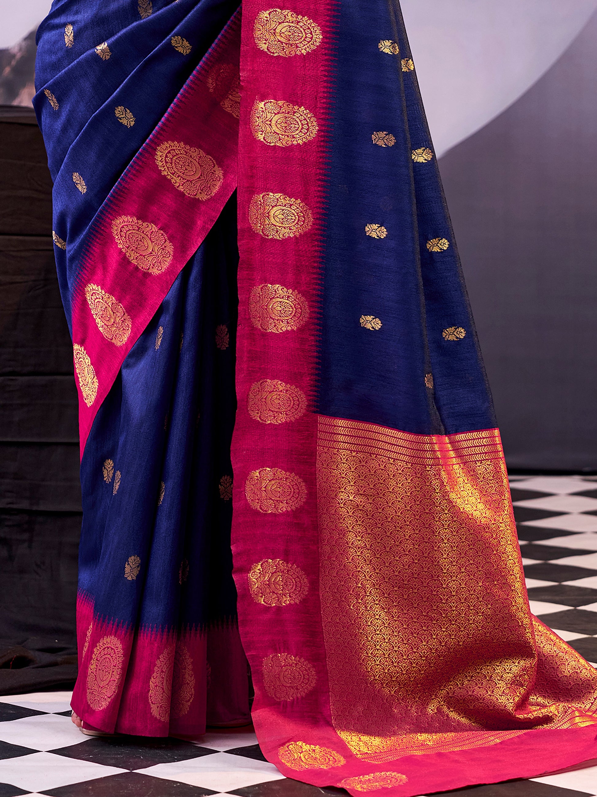 Stunning Navy Blue Zari Weaving Silk Ethnic Wear Saree With Blouse