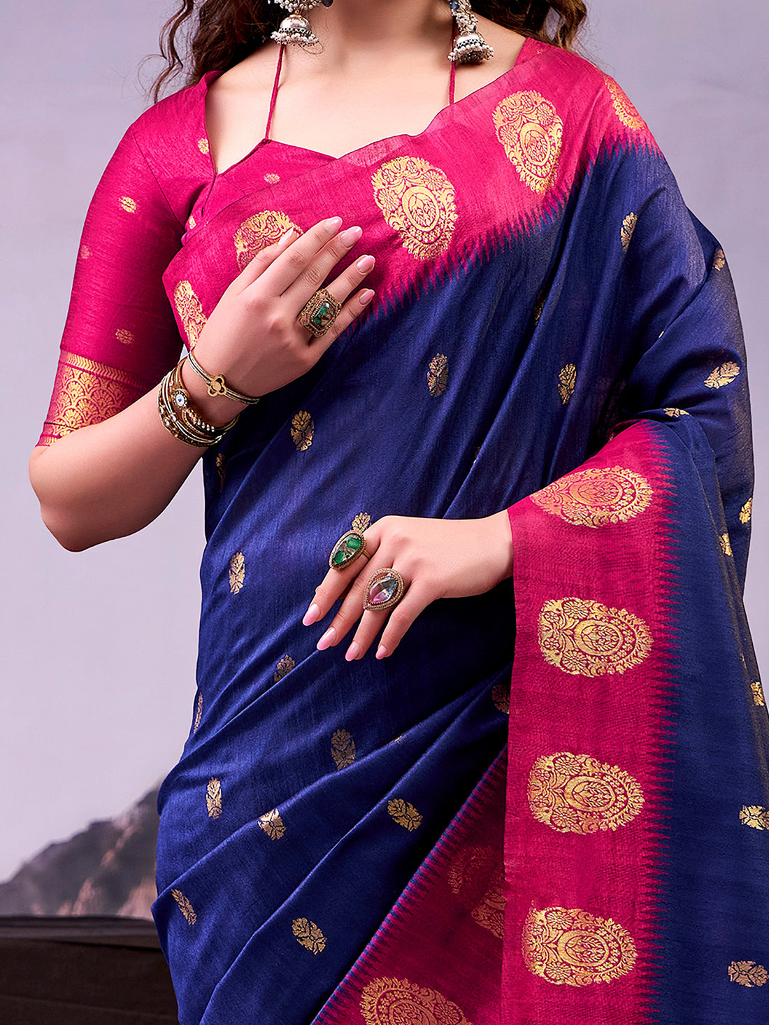 Stunning Navy Blue Zari Weaving Cotton Ethnic Wear Saree With Blouse