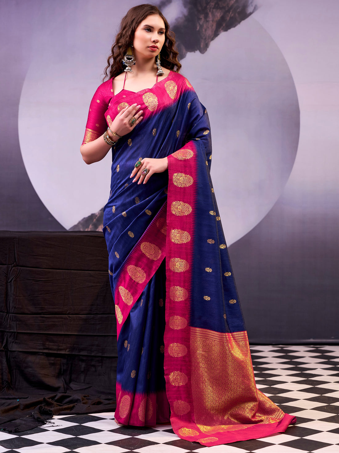 Stunning Navy Blue Zari Weaving Cotton Ethnic Wear Saree With Blouse