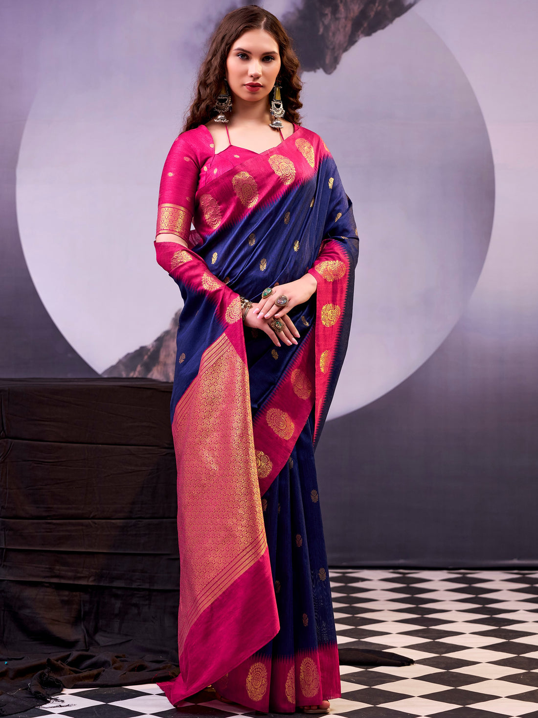 Stunning Navy Blue Zari Weaving Silk Ethnic Wear Saree With Blouse