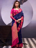 Stunning Navy Blue Zari Weaving Silk Ethnic Wear Saree With Blouse