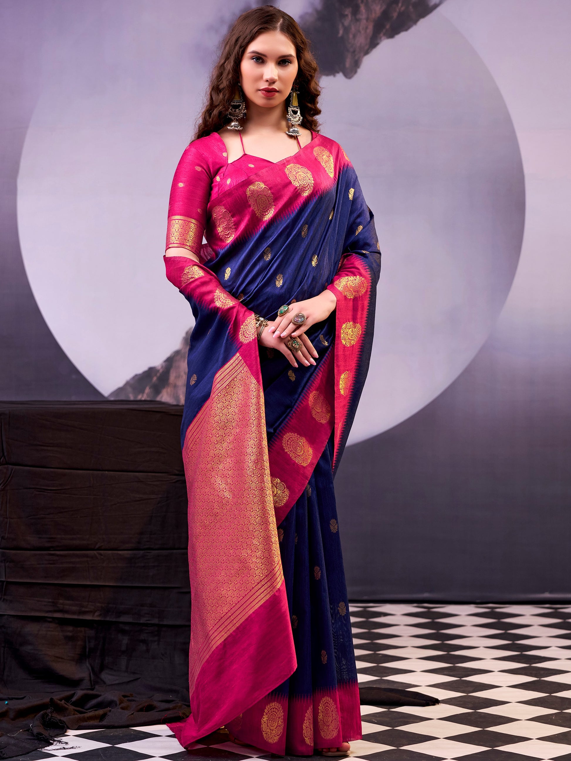 Stunning Navy Blue Zari Weaving Silk Ethnic Wear Saree With Blouse