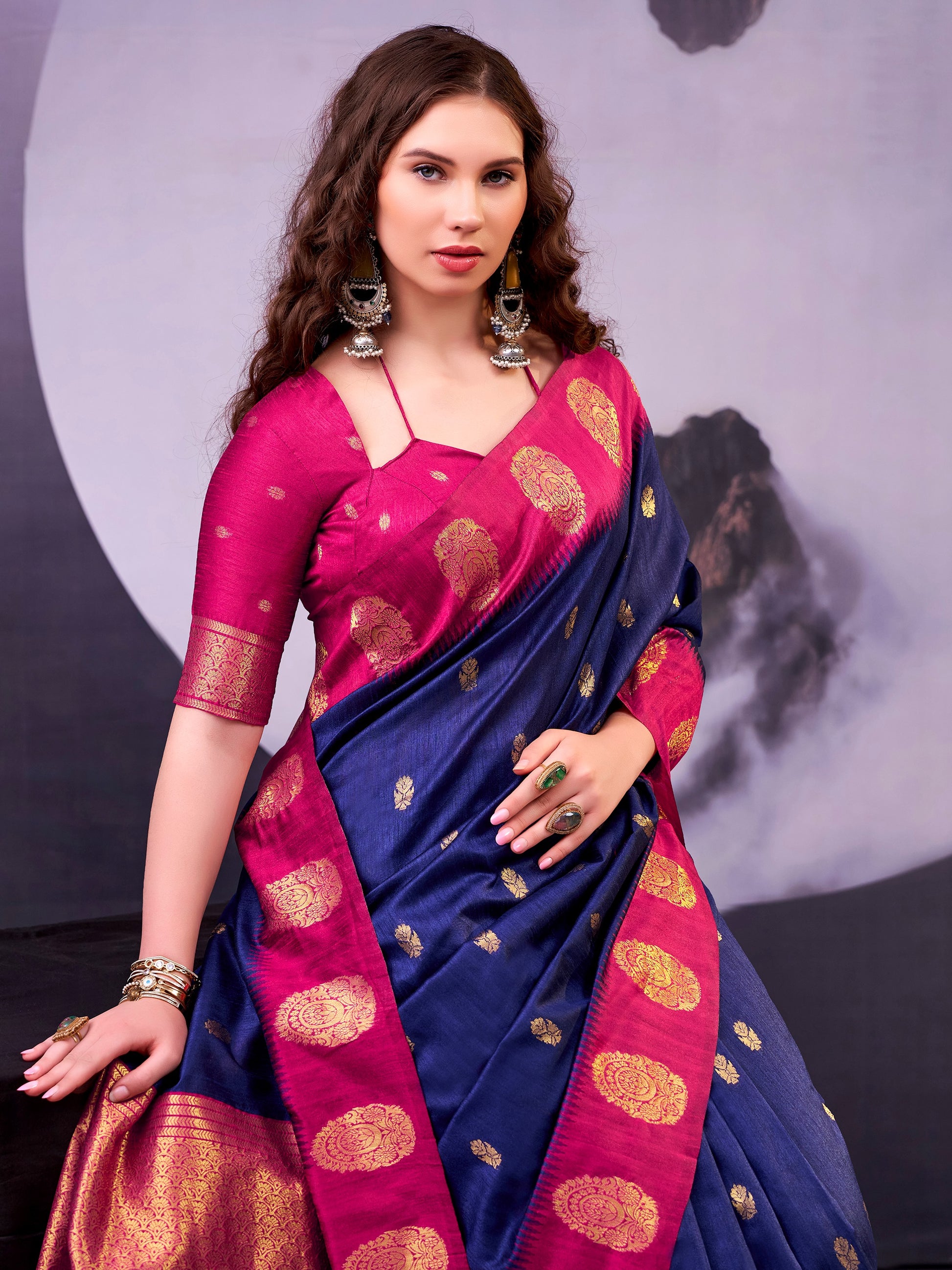 Stunning Navy Blue Zari Weaving Silk Ethnic Wear Saree With Blouse