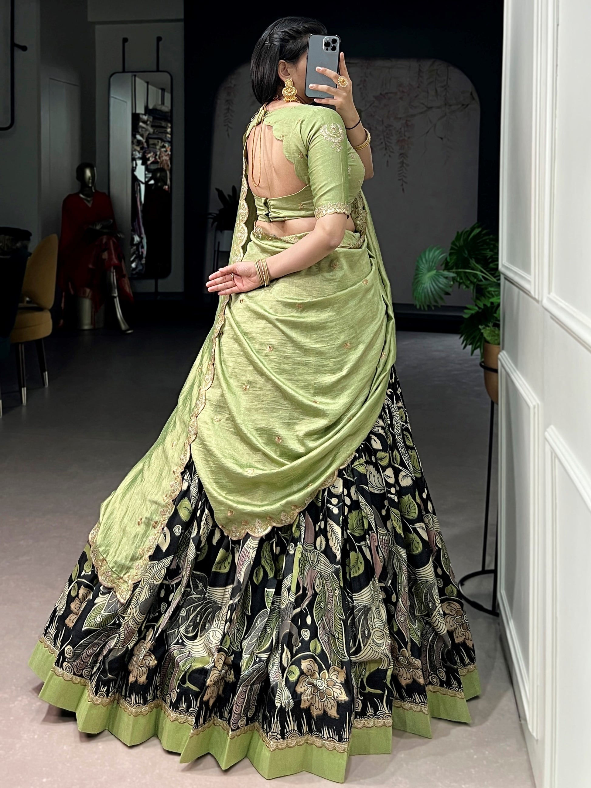 
Graceful Black Kalamkari Silk Wedding Wear Lehenga Choli
