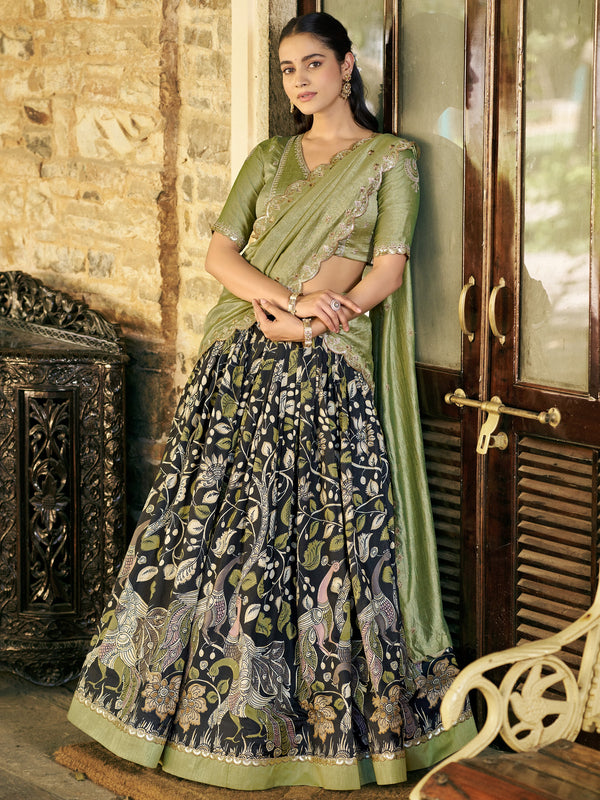 Stunning Black Kalamkari Silk Wedding Wear Lehenga Choli With Dupatta